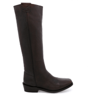 An Oak Tree Farms Pale Rider women's brown leather riding boot on a black background.